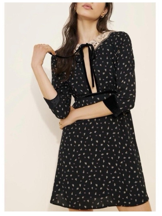 Free People Dresses & Skirts - Free People Sweet Delfina Black Mini Dress, Lace Collar & Velvet Trim - Sz M